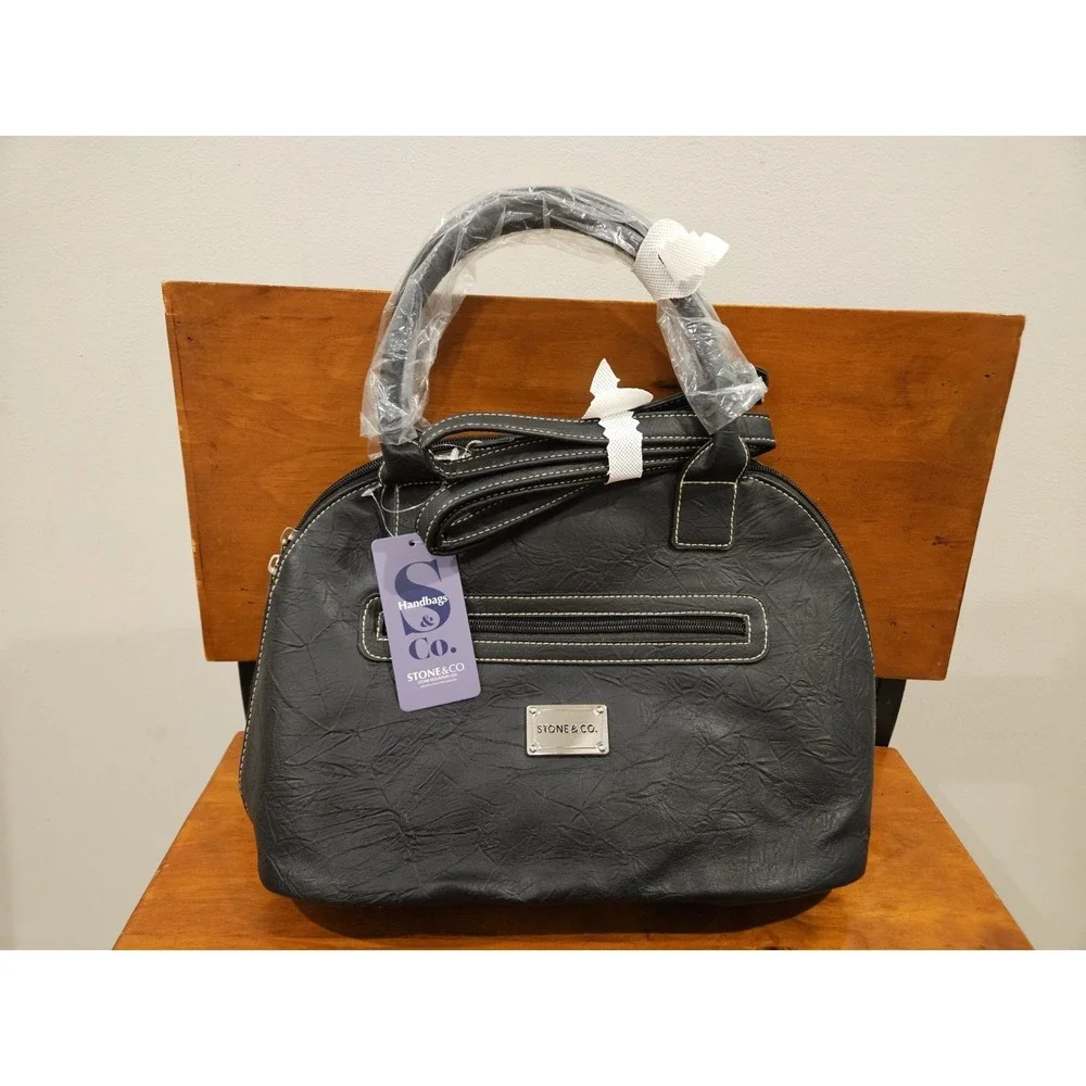 Stone & Co. Nancy Large Dome Satchel Black Purse White‎ Stitch NEW